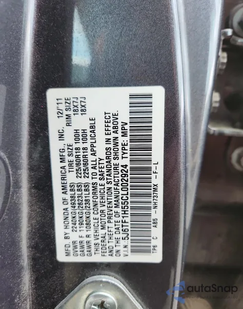 2012 Honda Crosstour Exl из США, поврежденный, VIN 5J6TF1H55CL002924